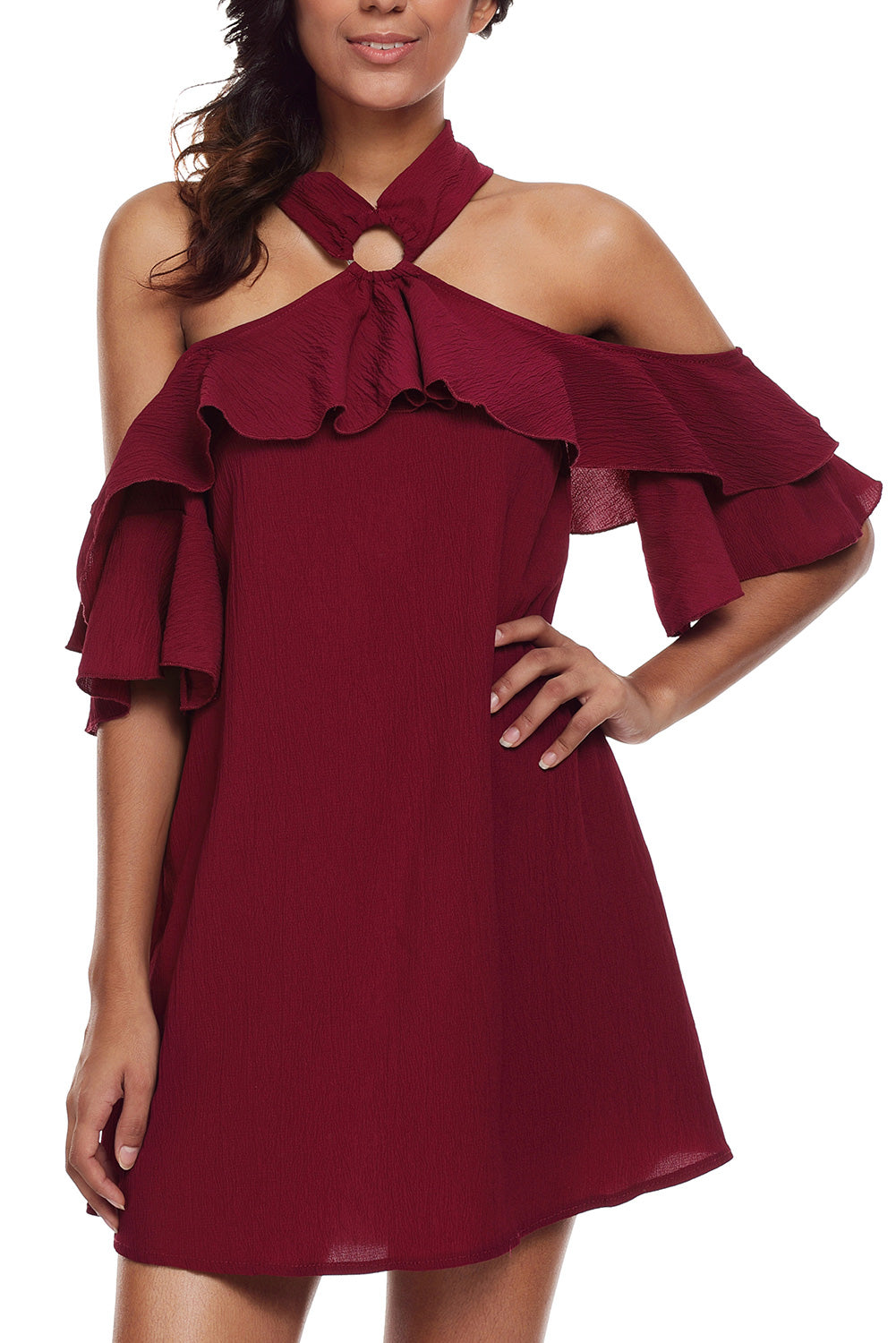 Burgundy Adorable Sexy O Ring Detail Ruffle Dress