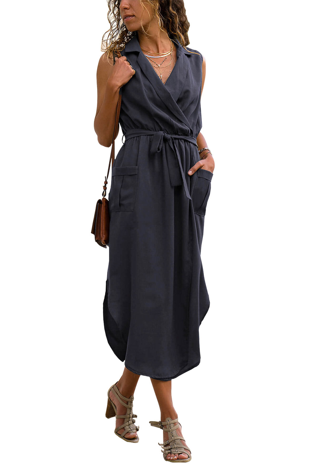 Blue Sleeveless Shirt Long Dress with Pockets