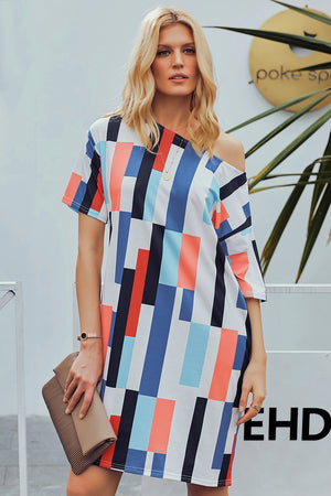 Blue Geometric Pattern Loose T-shirt Dress
