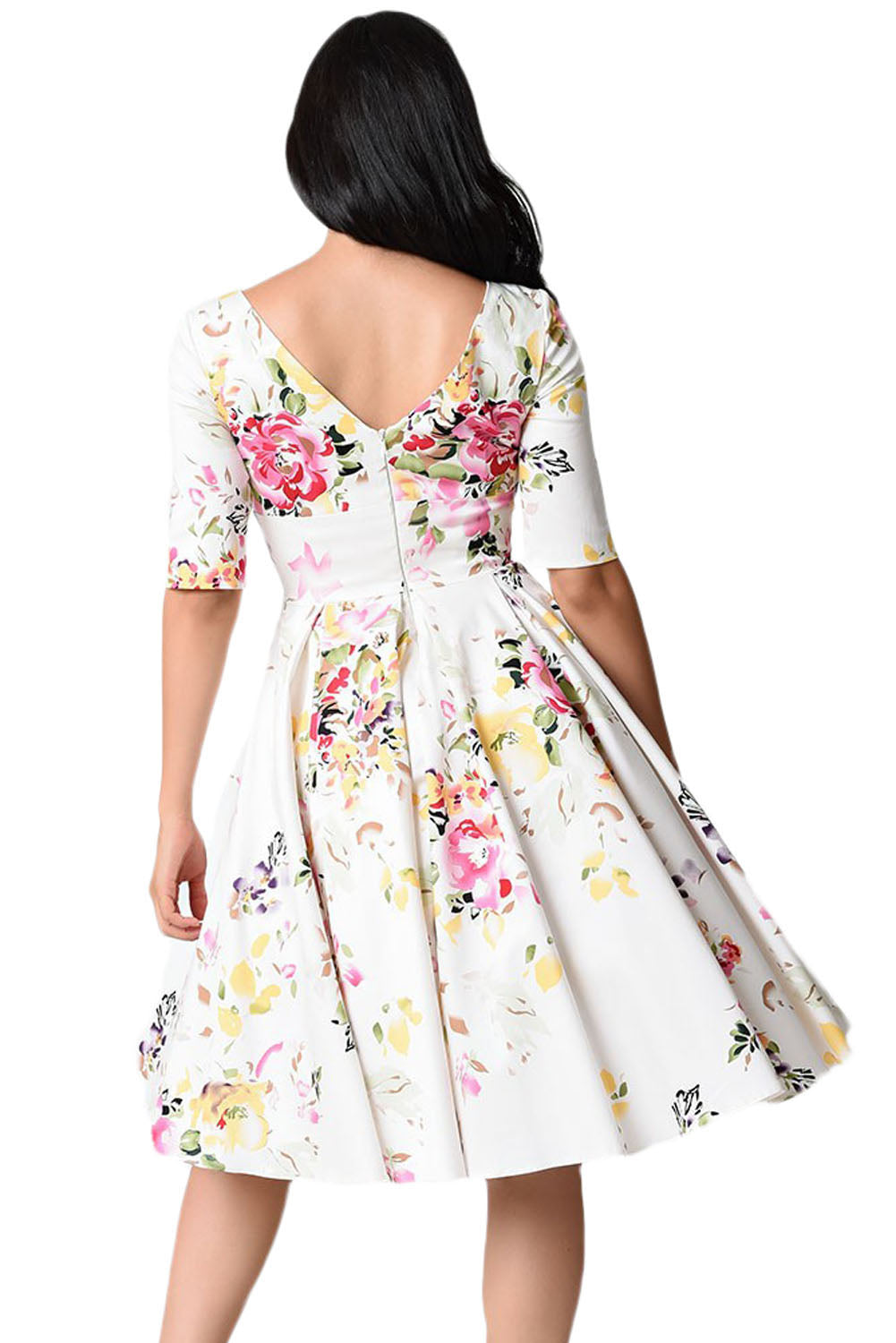 White Vintage Style Floral Half Sleeve Swing Dress