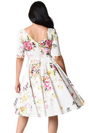 White Vintage Style Floral Half Sleeve Swing Dress