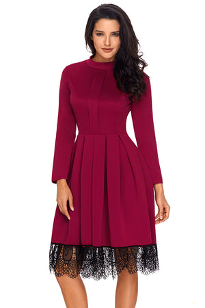 Lace Hemline Detail Burgundy Long Sleeve Skater Dress