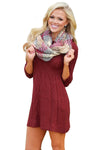 Burgundy Cable Knit Fitted 3/4 Sleeve Sweater Dress