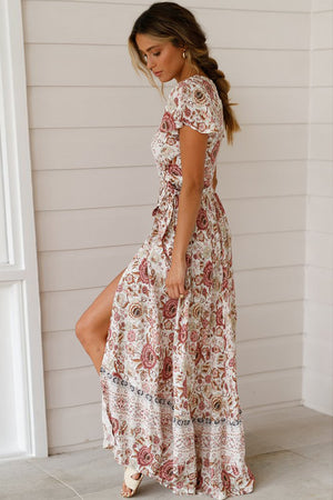 White V-Neck Beach Resort Printed Dress