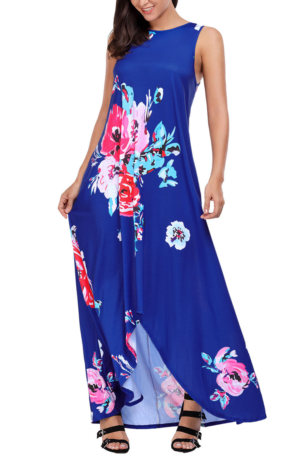 Blue Floral Pocketed Holiday Maxi Boho Dress
