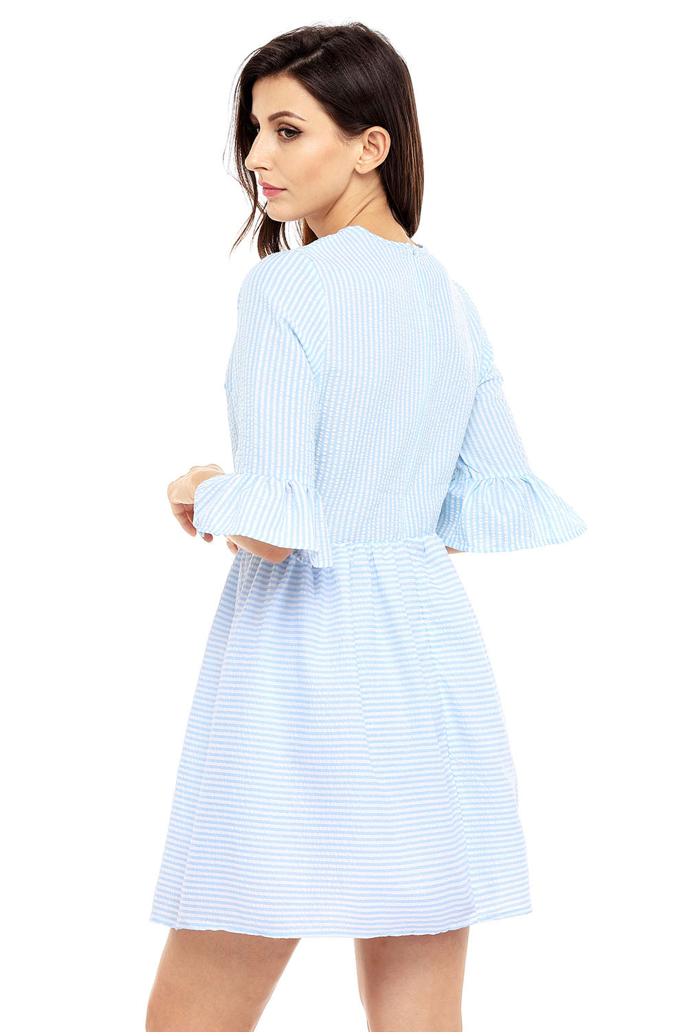 Blue White Stripe Flounce Sleeve Seersucker Dress