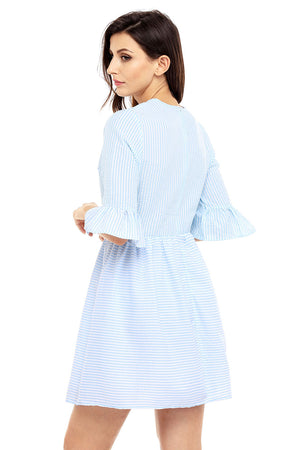 Blue White Stripe Flounce Sleeve Seersucker Dress