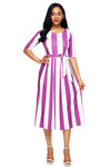 Purple Stripe Print Half Sleeve Belted Dress