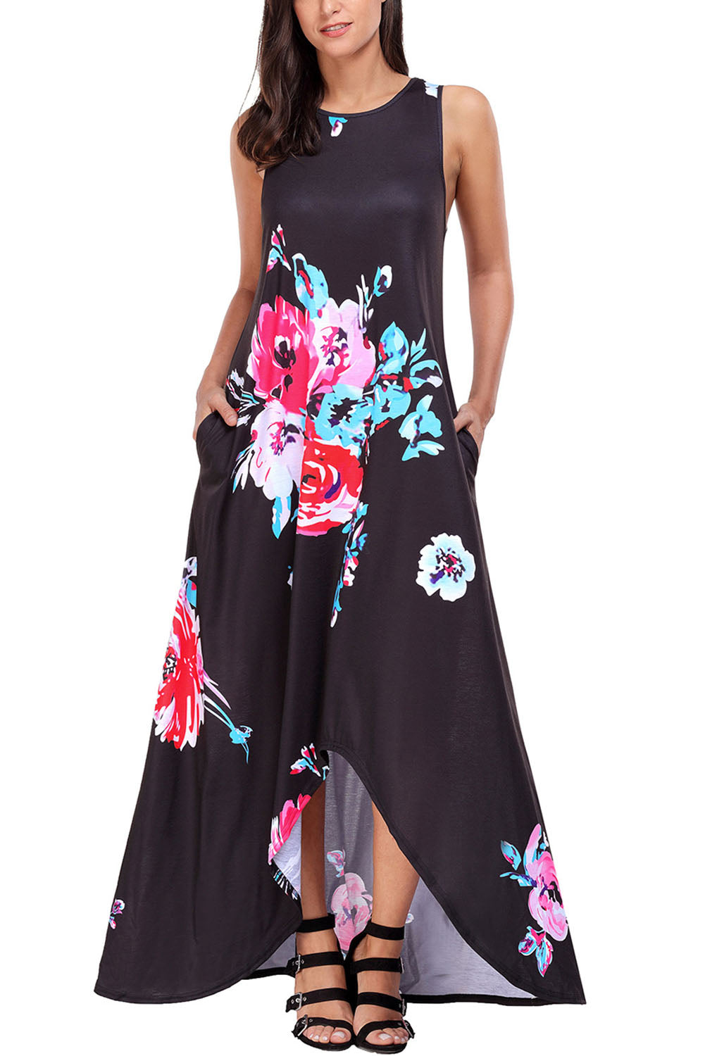 Black Floral Pocketed Holiday Maxi Boho Dress
