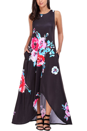 Black Floral Pocketed Holiday Maxi Boho Dress