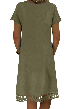 Green Short Sleeve V Neck A-Line Casual Shirt Dress