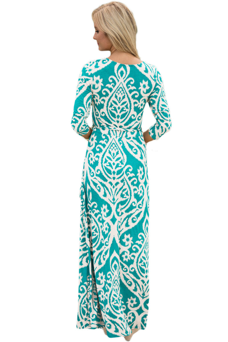 Mint Ivory Damask Print Wrap V Neck Boho Dress