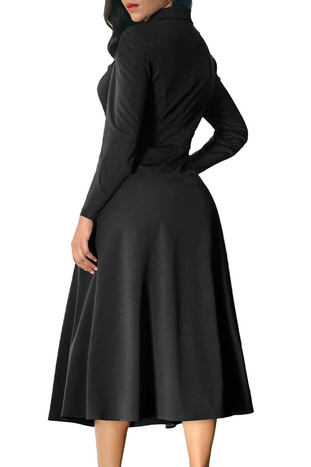 Black Vintage Button Collared Fit-and-flare Dress