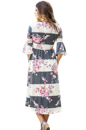 Charcoal White Colorblock 3/4 Bell Sleeve Floral Midi Dress