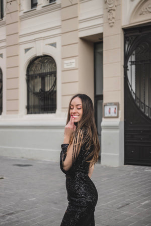 Black Sequin Tassel Sleeve Bodycon Evening Dress