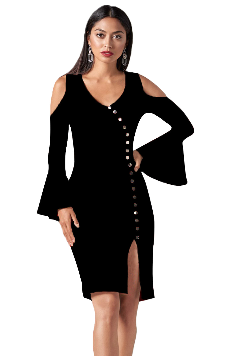 Black Cold Shoulder Button Detail Slit Midi Dress