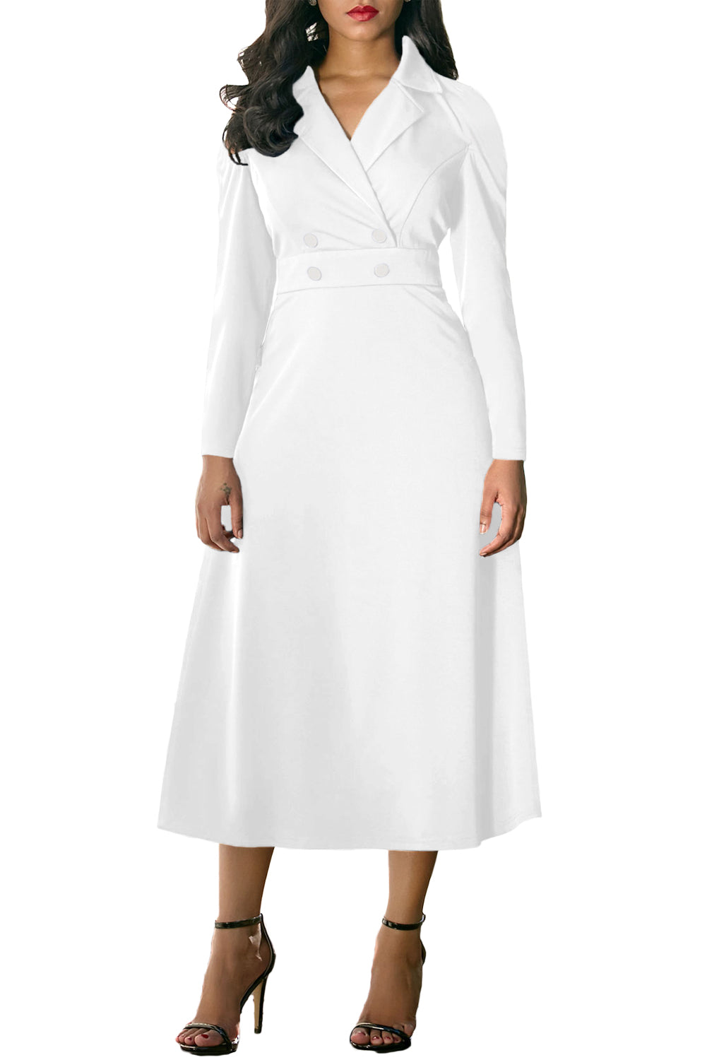 White Vintage Button Collared Fit-and-flare Dress