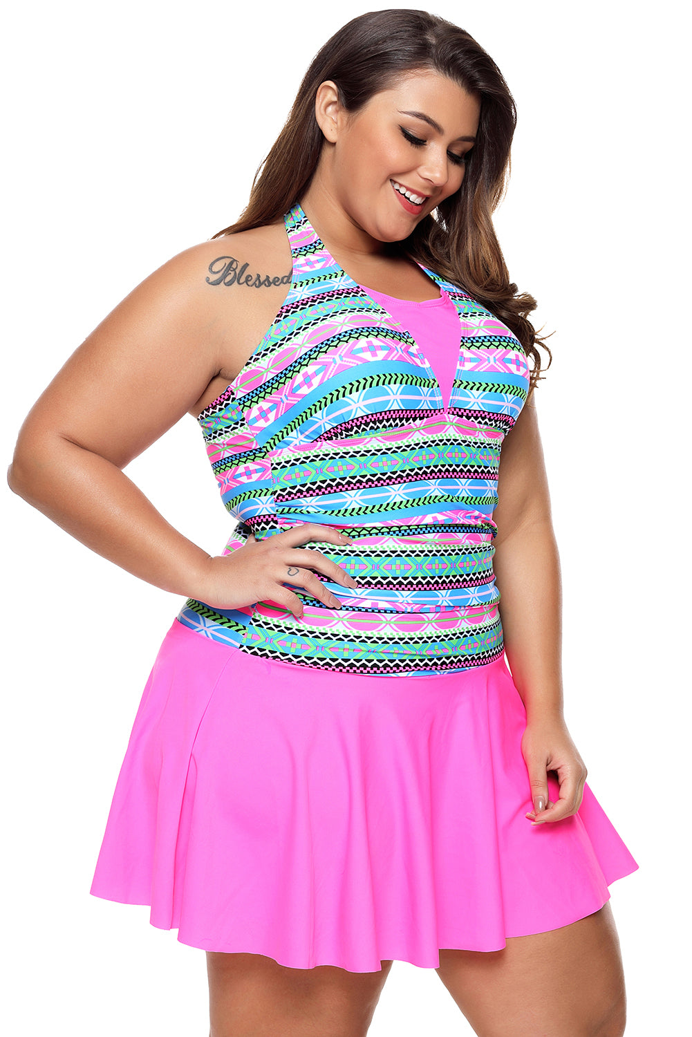 Aztec Print Rosy Halterneck One Piece Swimdress