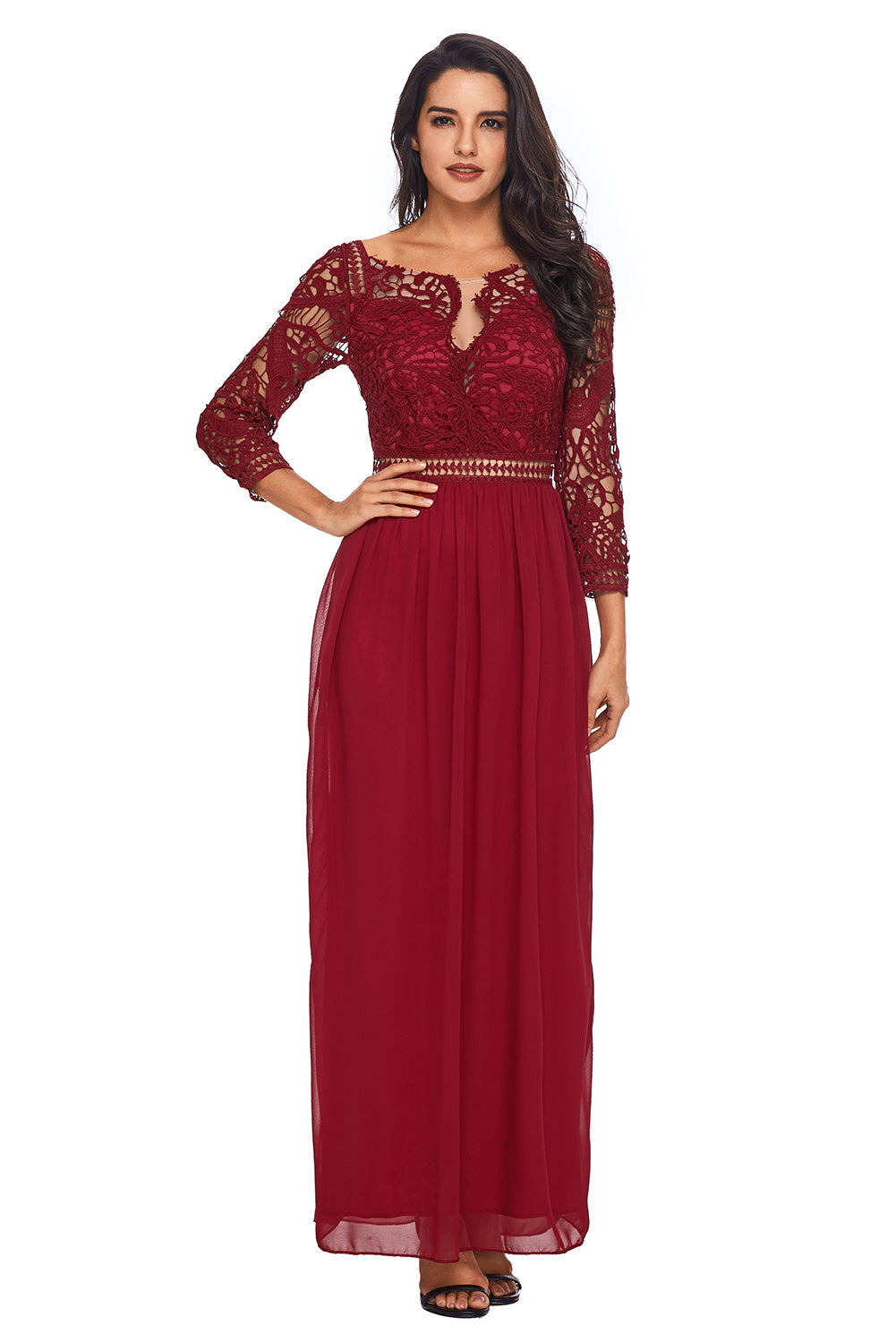Wine Lace Crochet Quarter Sleeve Maxi Dress
