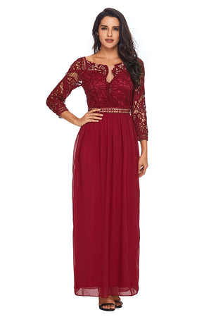 Wine Lace Crochet Quarter Sleeve Maxi Dress