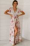 White V-Neck Beach Resort Printed Dress