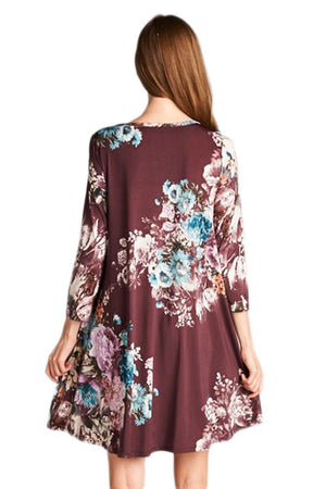 Plum Purple Floral Long Sleeve A-Line Tunic Dress