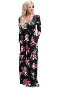 Black Floral Surplice Long Sleeve Maxi Boho Dress