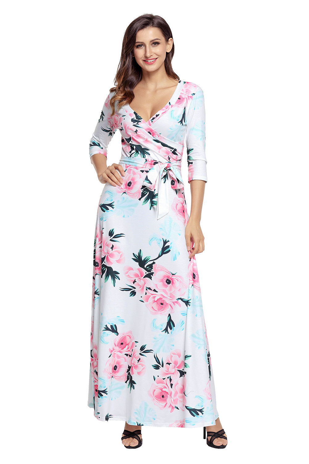 White Floral Print Wrapped Long Boho Dress