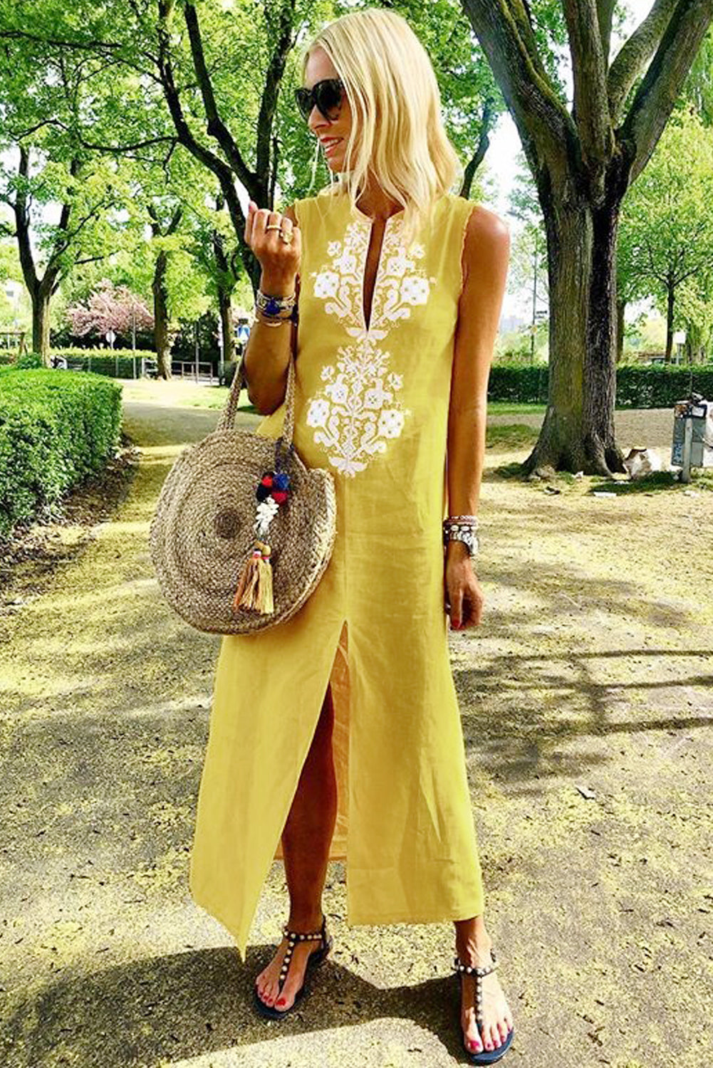 Yellow Sleeveless Casual Slit Geometric Summer Dress