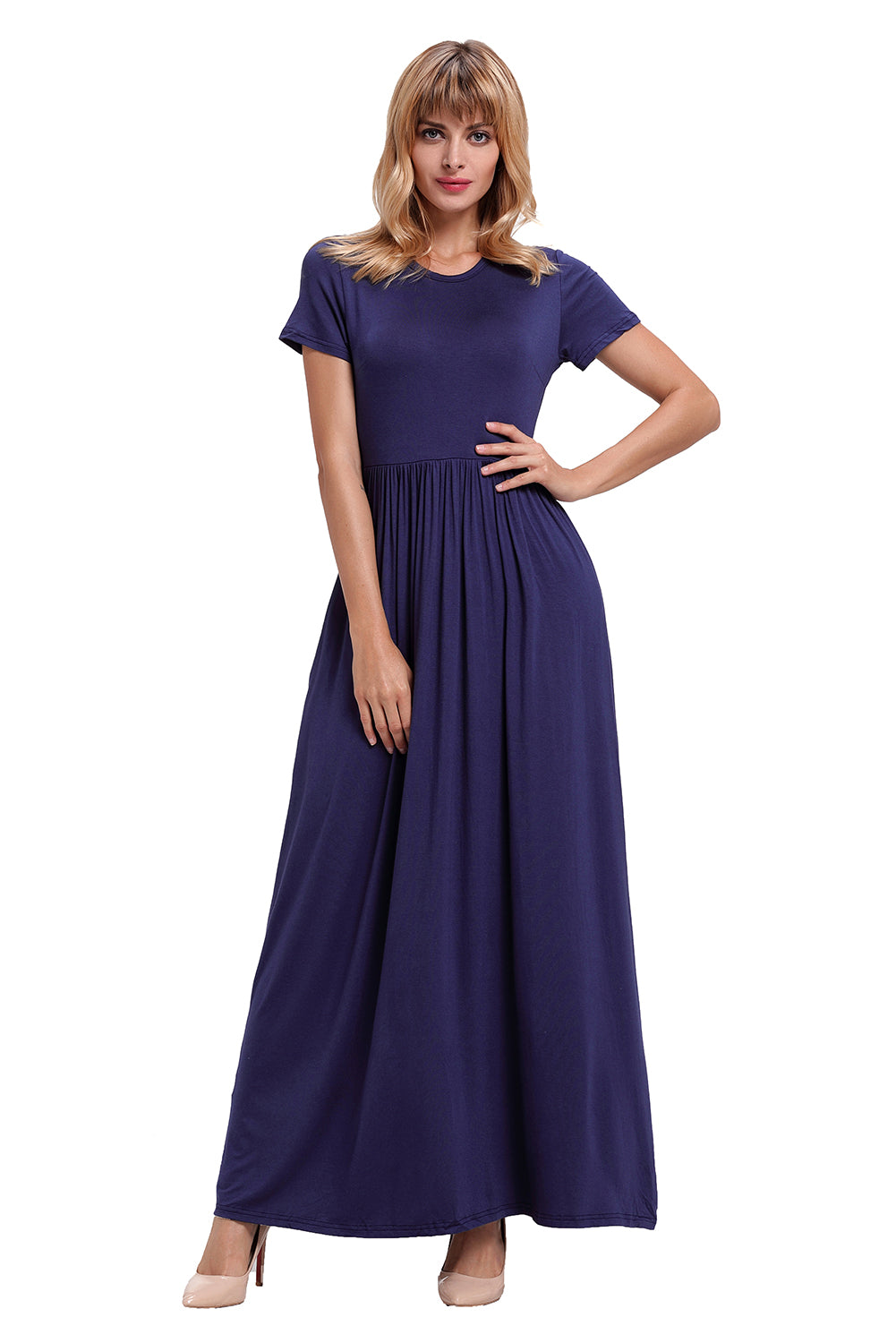 Navy Blue Short Sleeve Ruched Waist Maxi Dress
