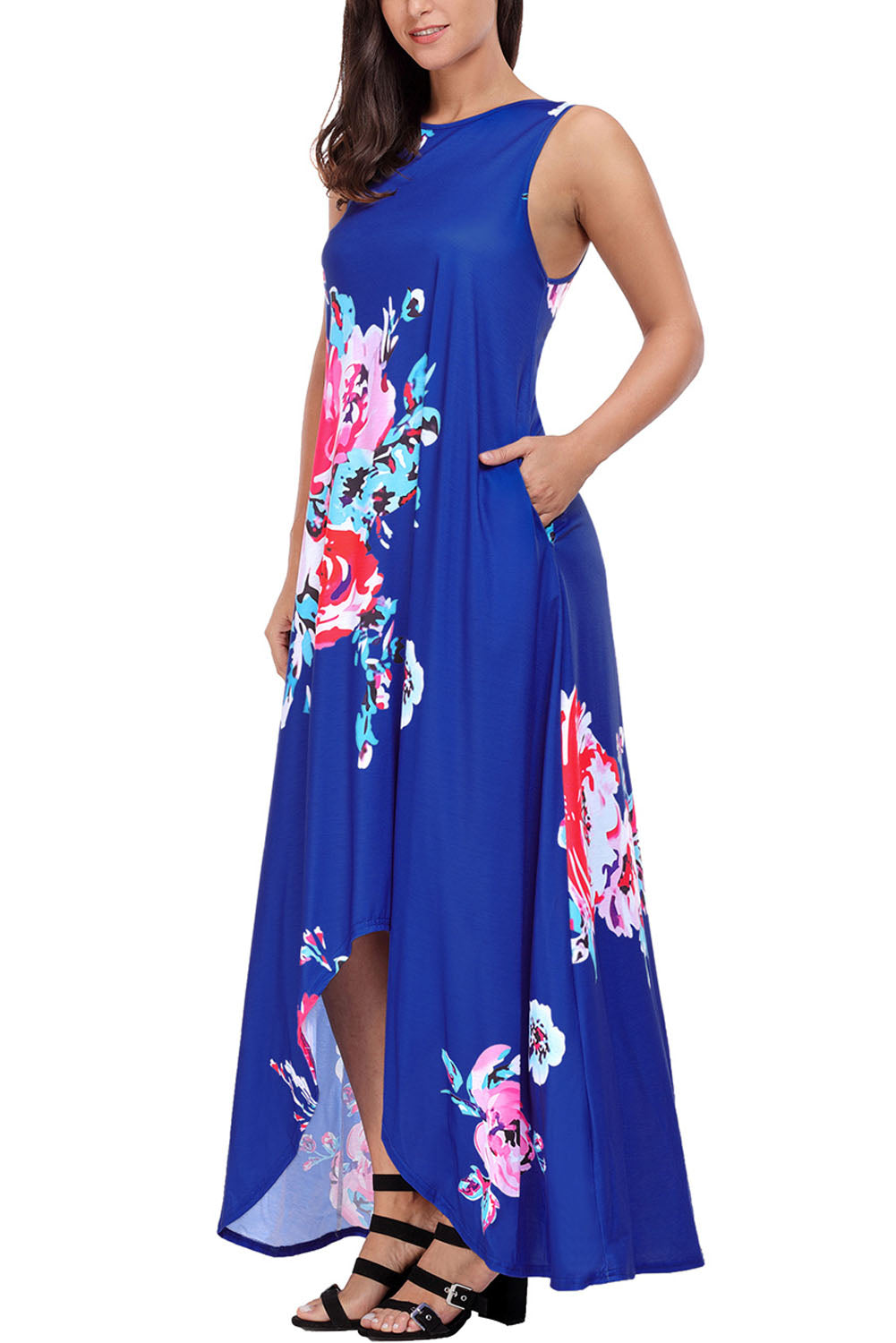 Blue Floral Pocketed Holiday Maxi Boho Dress