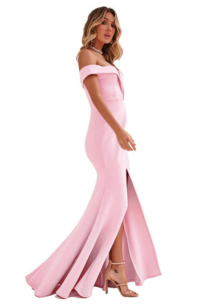 Pink Off Shoulder Split Front Maxi Party Dress