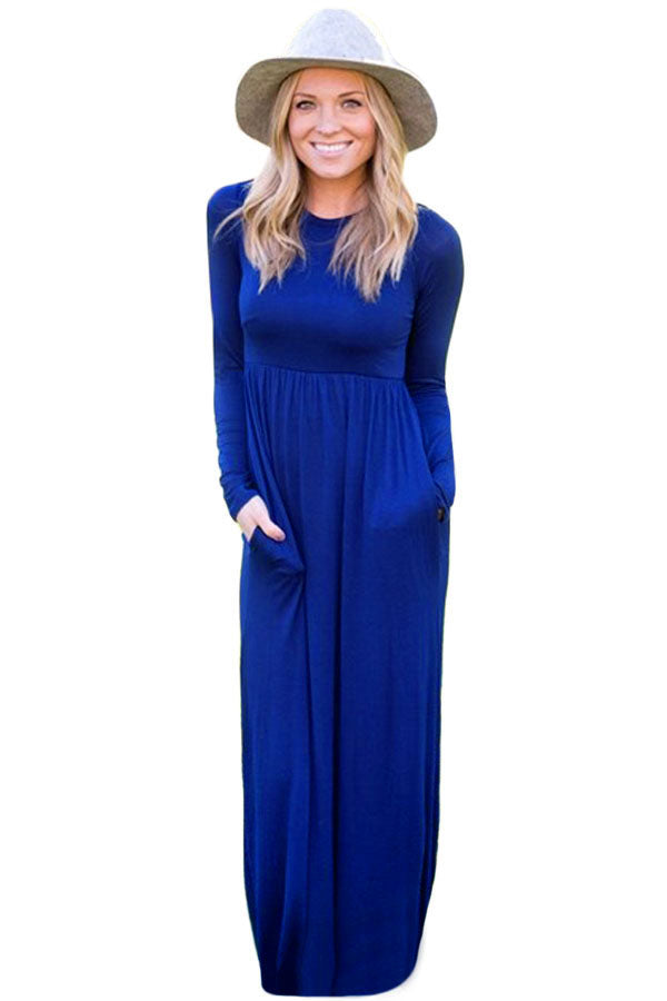 Blue Long Sleeve High Waist Maxi Jersey Dress