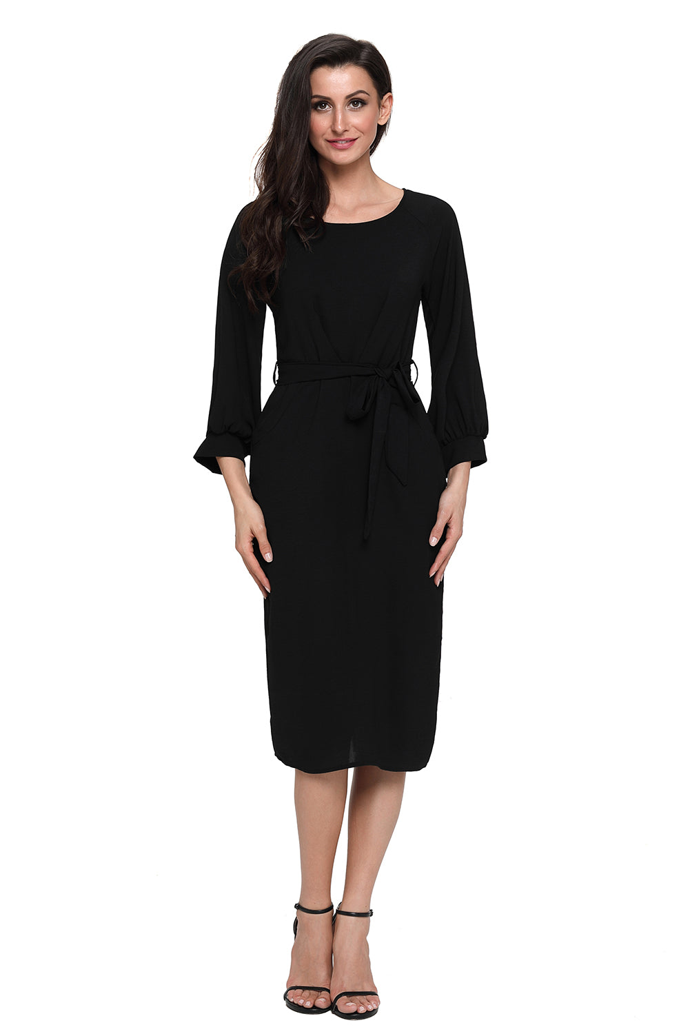 Black Puff Sleeve Belt Chiffon Pencil Dress