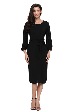 Black Puff Sleeve Belt Chiffon Pencil Dress