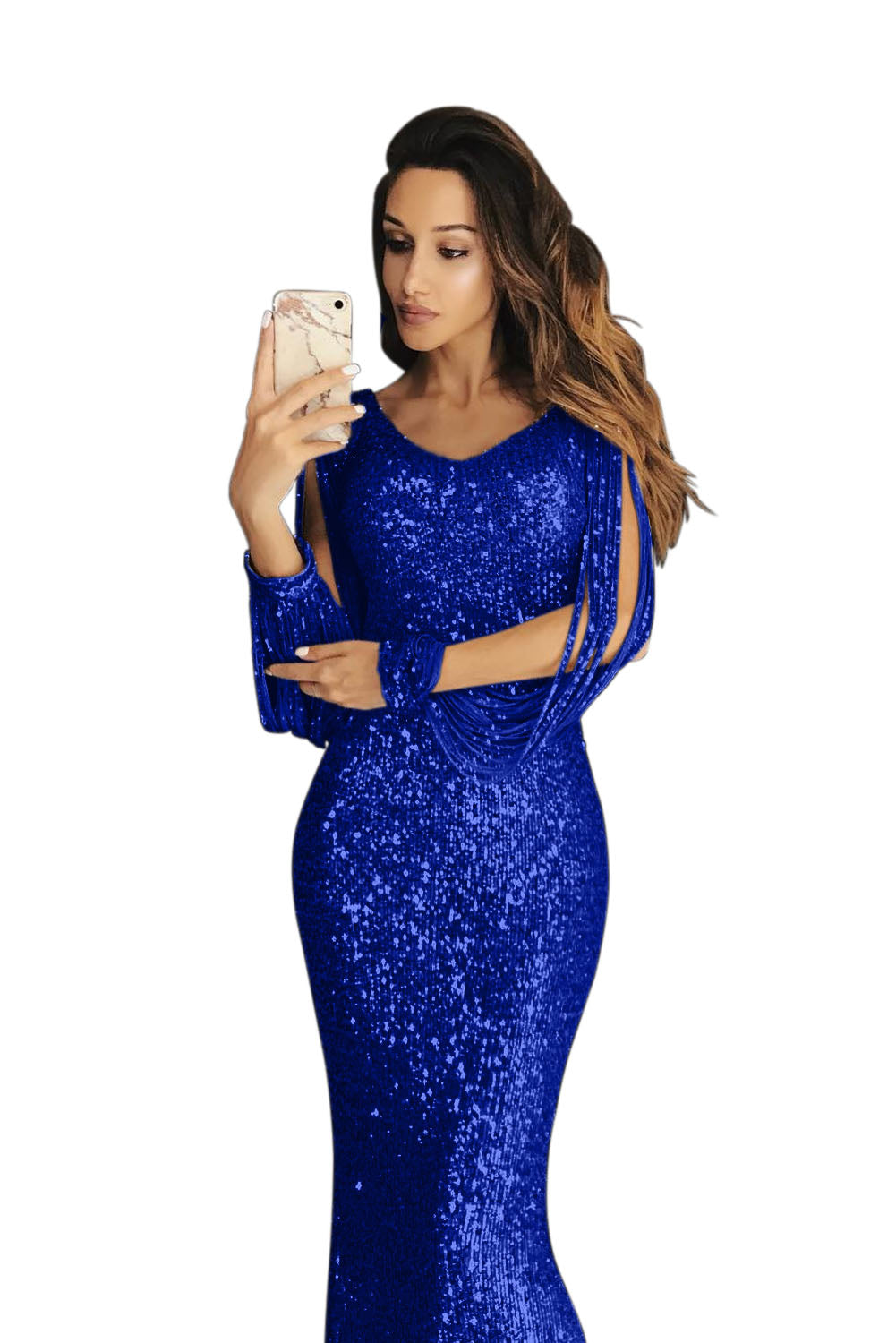 Blue Sequin Fringe Sleeve Party Maxi Evening Dress