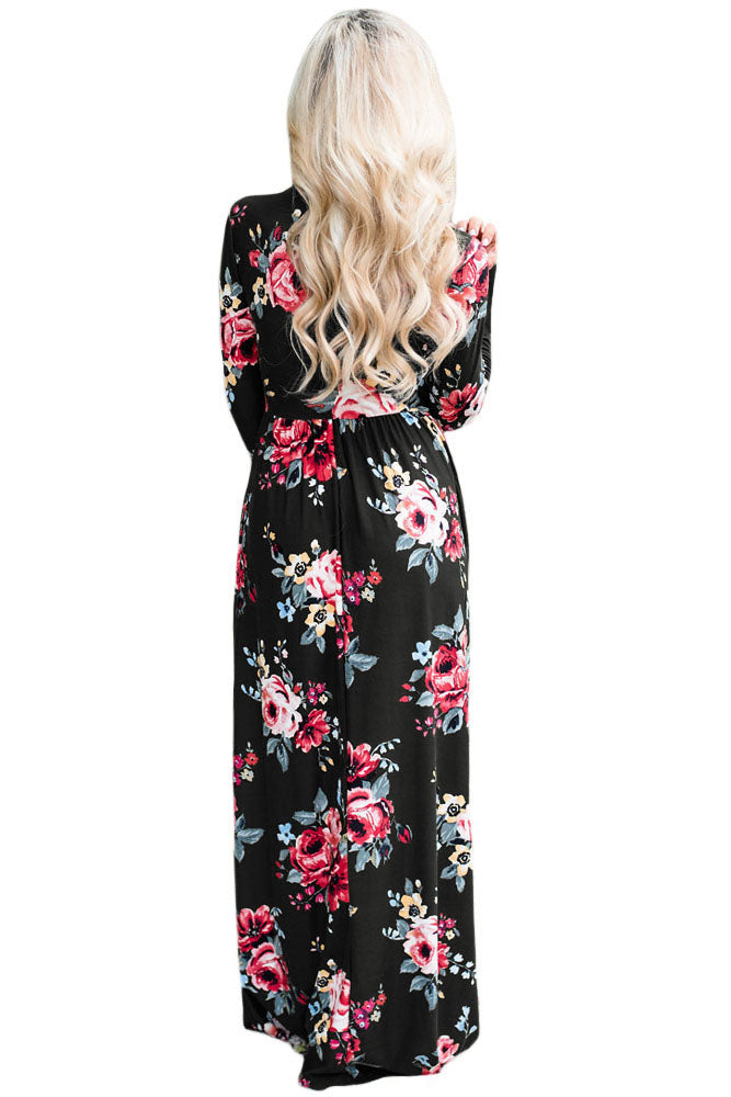 Black Floral Surplice Long Sleeve Maxi Boho Dress