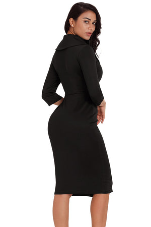 Black 3/4 Sleeve Button Detail Bodycon Midi Dress