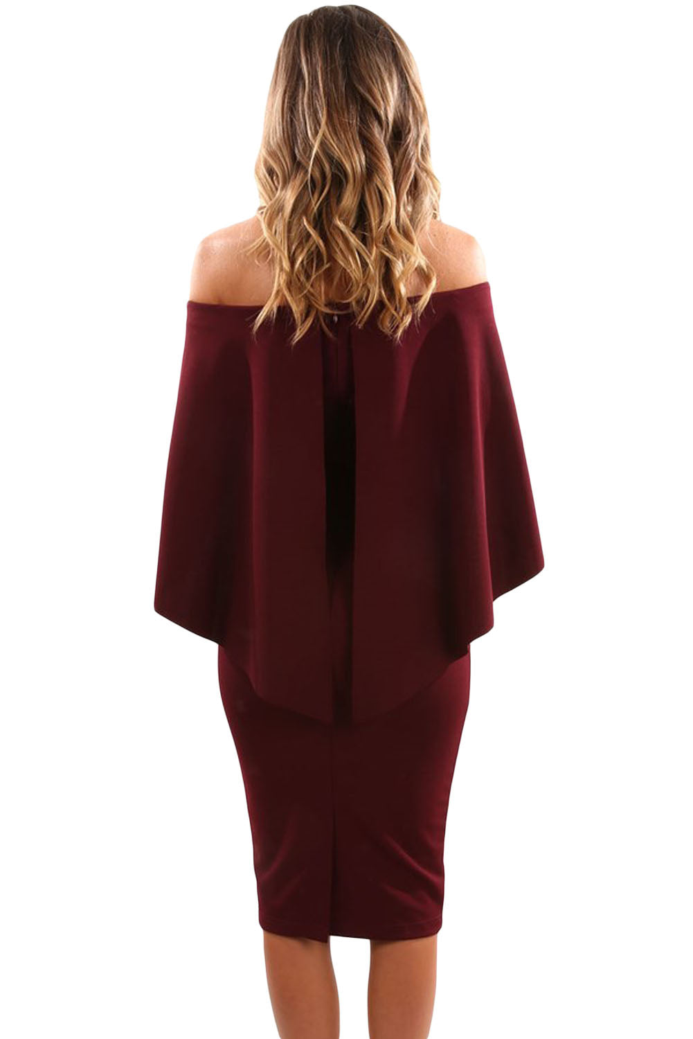 Wine Luxurious Off Shoulder Batwing Cape Midi Poncho Dress