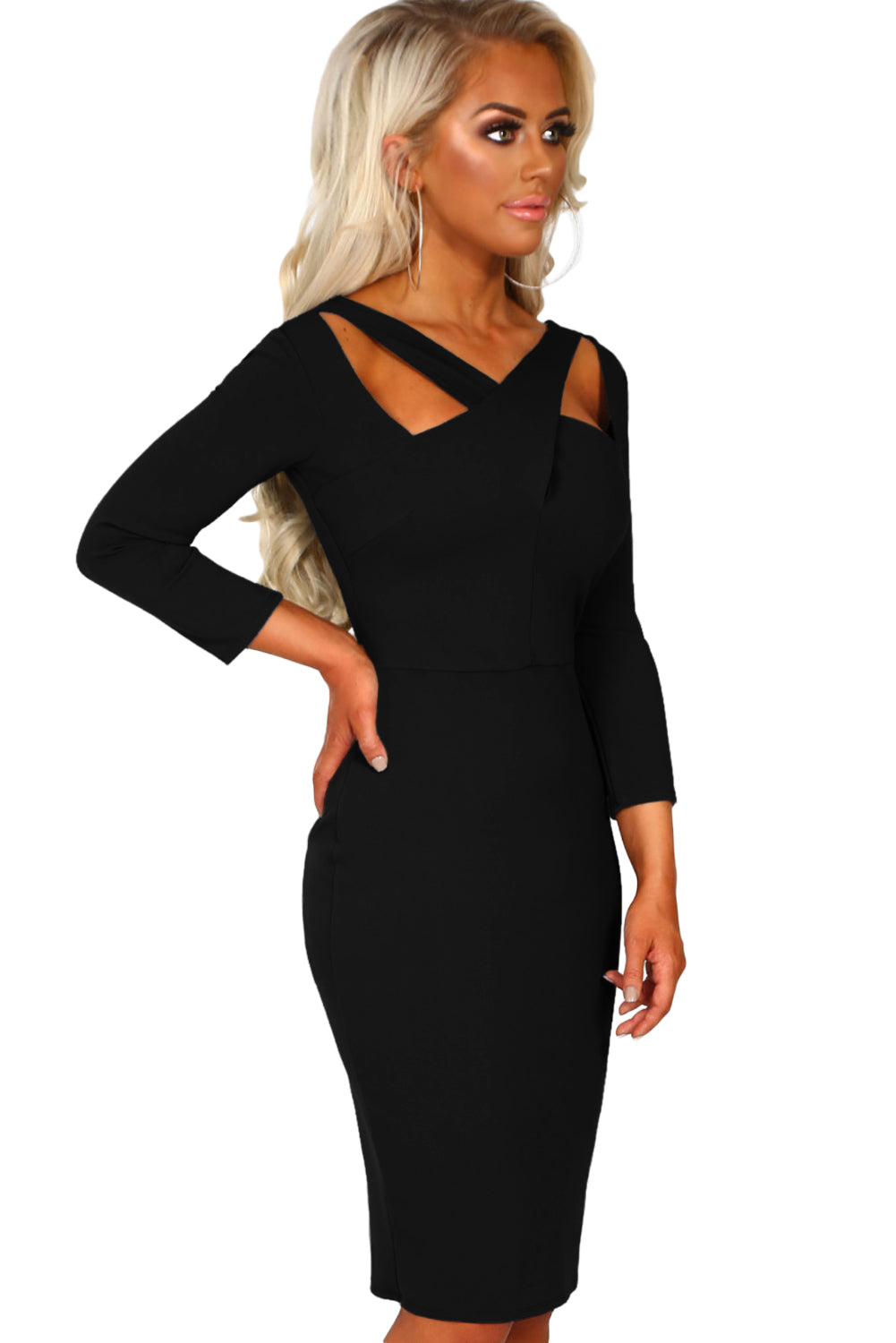 Black 3/4 Sleeve Cross Over Bodycon Midi Dress