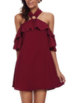 Burgundy Adorable Sexy O Ring Detail Ruffle Dress