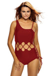 Date Red Lace Up Cutout Asymmetric Shoulder Maillot