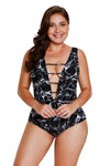 Black White Marble Print Strappy V Neck Teddy Swimsuit