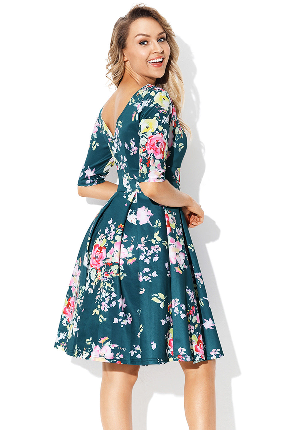 Jasper Vintage Style Floral Half Sleeve Swing Dress