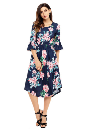 Navy Blue 3/4 Bell Sleeve Floral Midi Dress