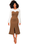 Long Bell Sleeve Brown Sweetheart Patchwork Midi Dress