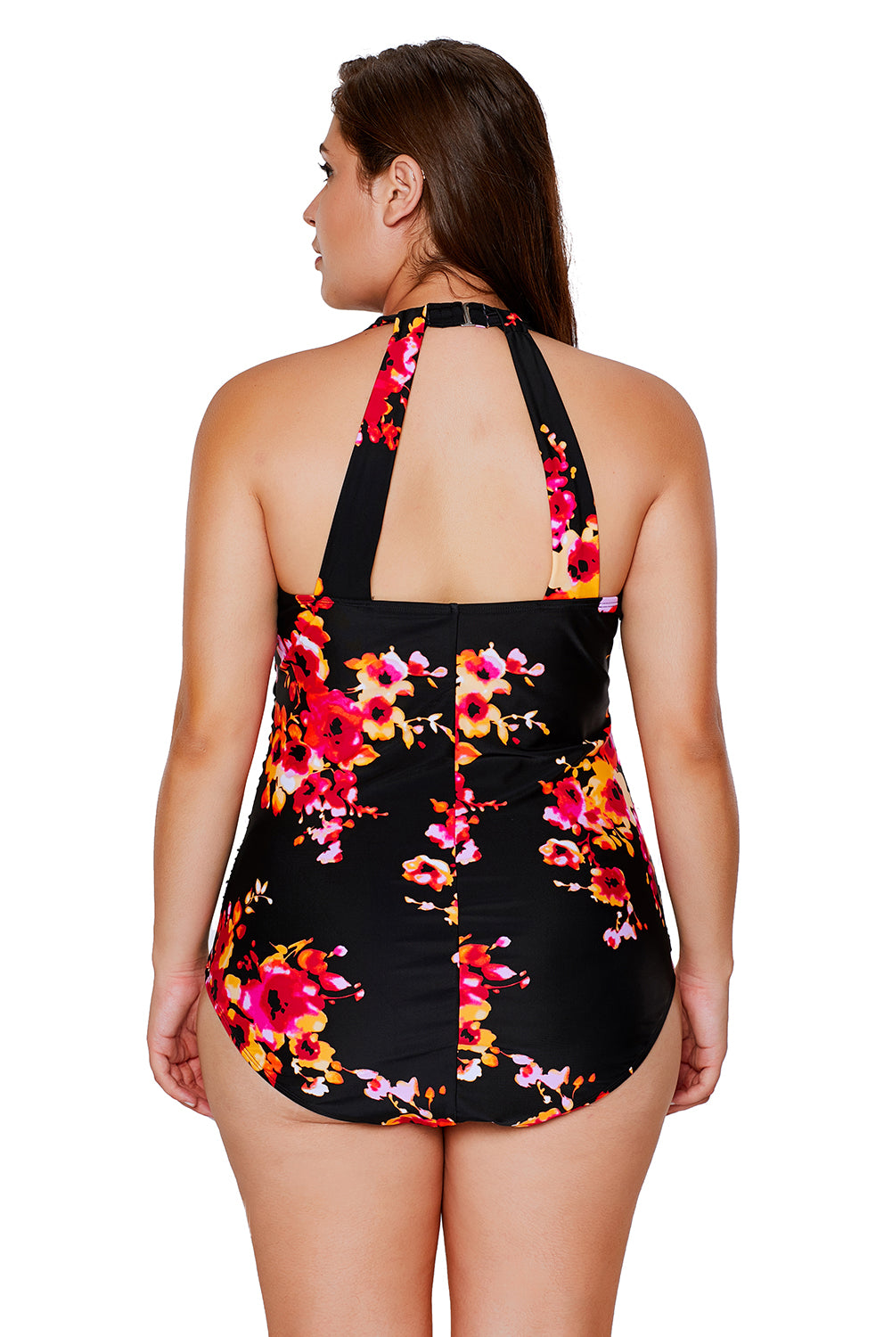Black Floral Print Halter One-piece Bathing Suit