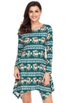 Cute Christmas Reindeer Print Green Swingy Mini Dress
