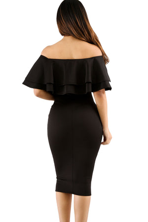 Black Layered Ruffle Off Shoulder Midi Dress