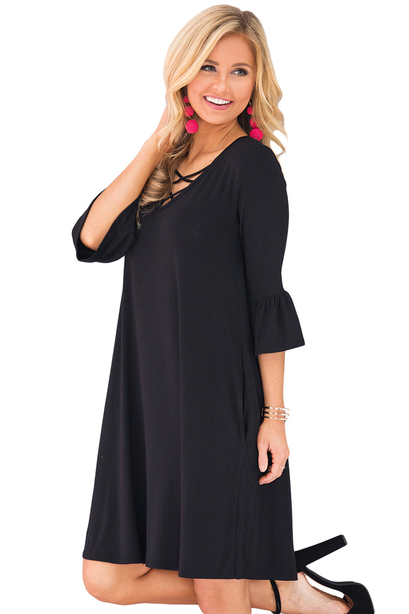 Black Crisscross V Neck Quarter Sleeve Short Jersey Dress